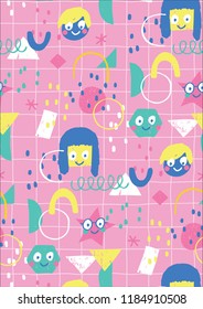 cute and happy shapes with checkers background and happy colors