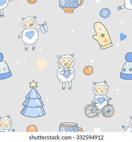 Cute happy sheep with different mood and winter elements. Vector funny seamless pattern
