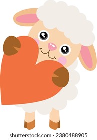 Cute happy sheep holding a heart
