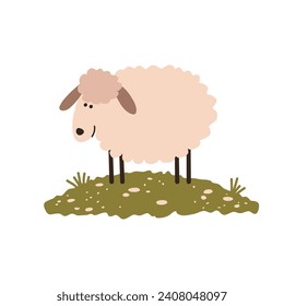 Cute happy sheep standing on the grass rocky lawn. Hand drawn sheep character. Vector illustration