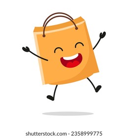 Cute happy shopping bag character. Funny victory jump celebration paper bag cartoon emoticon in flat style. bag emoji vector illustration svg