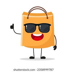 Cute happy shopping bag character wear sunglasses. Funny paper bag greet friend cartoon emoticon in flat style. bag emoji vector illustration