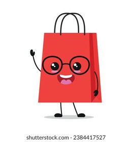 Cute happy shopping bag character wear eyeglasses. Smiling and greet paper bag cartoon emoticon in flat style. closet vector illustration