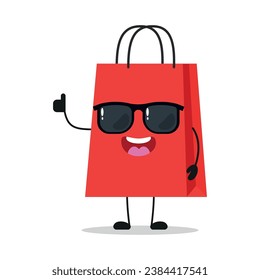 Cute happy shopping bag character wear sunglasses. Funny bag greet friend cartoon emoticon in flat style. closet vector illustration