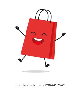 Cute happy shopping bag character. Funny victory jump celebration paper bag cartoon emoticon in flat style. closet vector illustration