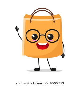 Cute happy shopping bag wear eyeglasses character. Smiling and greet paper bag cartoon emoticon in flat style. bag emoji vector illustration