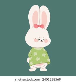 A cute happy shy bunny girl. Flat cartoon rabbit character for a Happy Valentine's Day, Easter, or Birthday greeting card, invitation, sticker, or banner. Vector illustration.