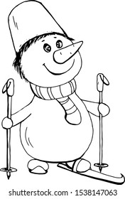 Cute, happy silhouette snowman goes skiing for coloring book cartoon hand drawn vector illustration. Can be used for t-shirt print, kids wear fashion design, baby shower invitation card