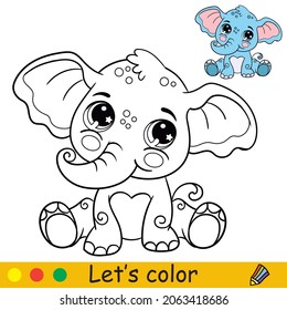 Cute and happy sitting baby elephant. Coloring book page with colorful template for kids. Vector cartoon isolated illustration. For print, game, education, party, design,decor