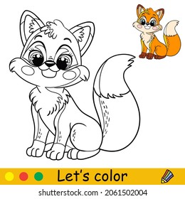 Cute and happy sitting baby fox. Coloring book page with colorful template for kids. Vector isolated cartoon illustration. For print, game, education, party, design,decor