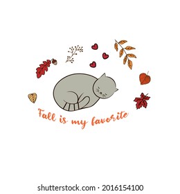 Cute and happy sleeping grey cat. Halloween character icon. Autumn leaves vector illustration on transparent background for scrapbook, postcard.