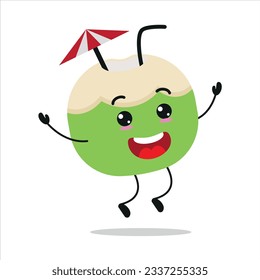 Cute happy slice coconut character. Funny jump coconut cartoon emoticon in flat style. fruit emoji vector illustration