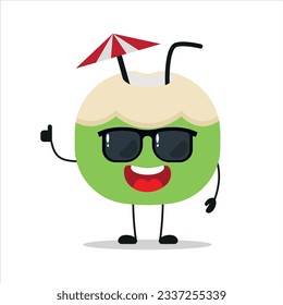 Cute happy slice coconut character wear sunglasses. Funny coconut greet friend cartoon emoticon in flat style. fruit emoji vector illustration