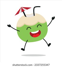 Carácter de coco de rebanada feliz. Divertidas celebraciones saltan emoticono de dibujos animados de coco en estilo plano. ilustración vectorial de emoji de frutas