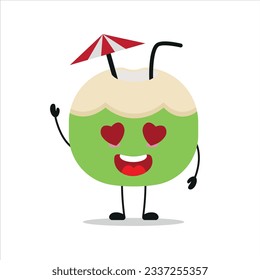 Cute happy slice coconut character. Funny fall in love coconut cartoon emoticon in flat style. fruit emoji vector illustration