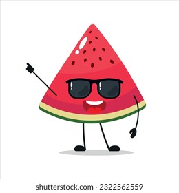Cute happy slice of watermelon character wear sunglasses. Funny watermelon greet friend cartoon emoticon in flat style. Fruit emoji vector illustration