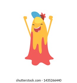 Cute Happy Slime Monster, Funny Colorful Alien Cartoon Character in Cap Vector Illustration