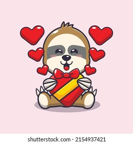 cute happy sloth cartoon character in valentines day
