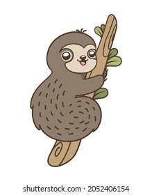 Cute happy sloth holding onto a branch cartoon clipart vector illustration.	