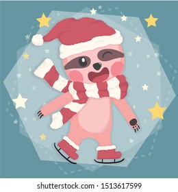 cute happy sloth in winter costume Christmas skating in star falling, flat vector cartoon animal