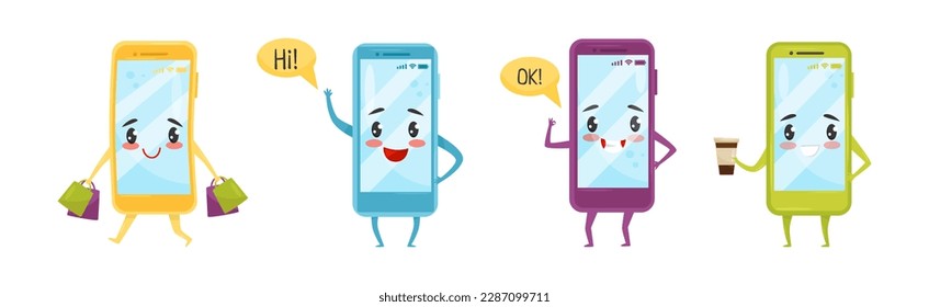 Cute Happy Smartphone Character Engaged in Different Activity Vector Set