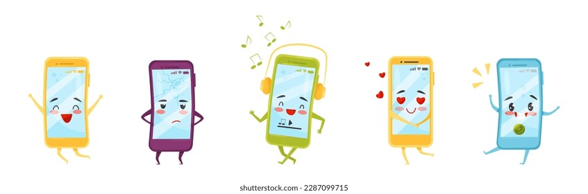 Cute Happy Smartphone Character Engaged in Different Activity Vector Set