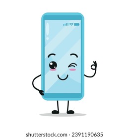 Cute happy smartphone character. Funny smiling and wink mobile phone cartoon emoticon in flat style. closet vector illustration