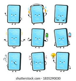 Cute Happy Smartphone, Mobile Phone Character Set Collection. Vector Flat Line Cartoon Kawaii Character Illustration Icon. Isolated On White Background. Callphone, Smartphone Face Character Bundle