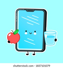 Cálido smartphone feliz, personaje de teléfono móvil con manzana y vaso de agua. Icono de ilustración de personaje kawaii de dibujos animados de línea plana
