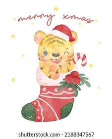 cute happy smile baby tiger in green and red festive knitted Christmas sock watercolor, merry xmas, woodland animal nursery cartoon painting