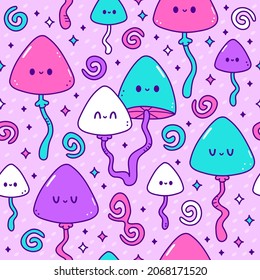 Cute happy smile magic mushroom,psilocybin seamless pattern. Vector cartoon character illustration.Hippie,magic mushroom,psilocybin,acid,groovy,60s,70s,psychedelic trippy seamless pattern concept