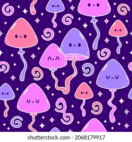 Cute happy smile magic mushroom,psilocybin seamless pattern. Vector cartoon character illustration.Hippie,magic mushroom,psilocybin,acid,groovy,60s,70s,psychedelic trippy seamless pattern concept