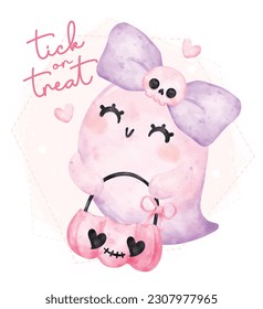 Cute happy smile pink Halloween ghost with empty pumpkin basket, trick or treat, cartoon character watercolour hand painted vector greeting card