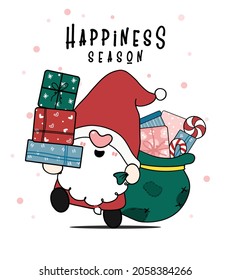 Cute happy smile Santa Gnome with a sack of present gift boxes, happiness season, merry Christmas and Happy New Year, cartoon hand drawn flat doodle