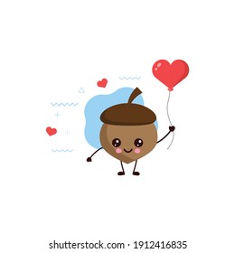 Cute happy smiling acorn with Red heart balloon.card or poster design.kawaii cartoon illustration.cute illustration for children.