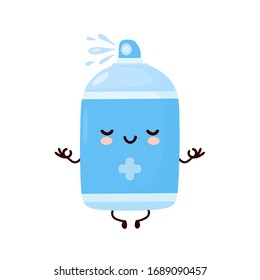 Cute happy smiling antiseptic spray bottle meditate. Vector cartoon character illustration icon design.Isolated on white background