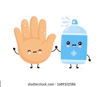 Cute happy smiling antiseptic spray bottle and human palm. Vector cartoon character illustration icon design.Isolated on white background