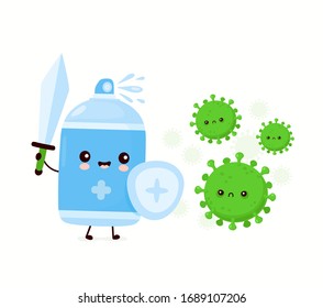 Cute happy smiling antiseptic spray bottle kill virus. Vector cartoon character illustration icon design.Isolated on white background