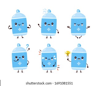 Cute happy smiling antiseptic spray bottle set collection. Vector cartoon character illustration icon design.Isolated on white background