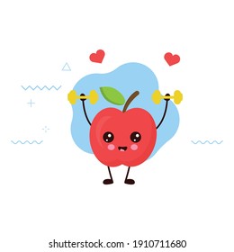 Cute happy smiling apple character make fitness gym with dumbbells.card or poster design. kawaii cartoon illustration.funny vector illustration.