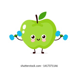 Cute happy smiling apple doing exercises with dumbbells. Vector modern flat style cartoon character illustration. Isolated on white background.Apple train concept