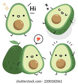 Cute happy smiling avocado character cartoon illustration set in kawaii style