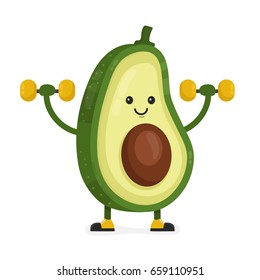 Cute happy smiling avocado doing exercises with dumbbells. Vector modern flat style cartoon character illustration. Isolated on white background.  Eating healthy food, fitness, sport concept design