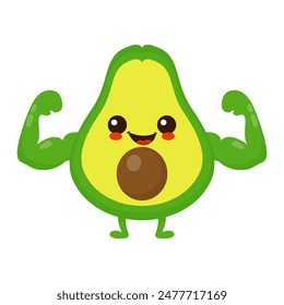 Cute happy smiling avocado fruit show muscle character. Vector hand drawn cartoon kawaii character