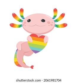Cute happy smiling axolotl LGBT heart character.