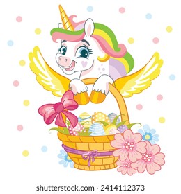 Cute happy smiling baby Easter unicorn with a basket with color eggs. Vector illustration in cartoon style for print, decor, kids clothes, souvenirs, stickers. Isolated character on white background