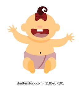 Cute happy smiling baby girl with bow lying top view. Newborn in pampers. Playful toddler. Isolated vector illustration