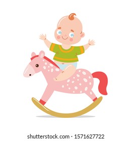 Cute happy smiling baby in green t-shirt riding a toy wooden horse. Vector illustration in flat cartoon style.