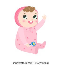 Cute happy smiling baby with kinky hair sitting in pink pajama. Vector illustration in flat cartoon style.