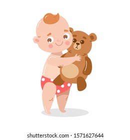 Cute happy smiling baby in red underpants standing and holding a teddy bear. Vector illustration in flat cartoon style.